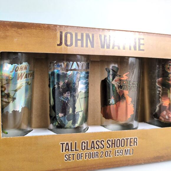 John Wayne 4 Piece Laser Decal Tall Glass Shooter Set NEW in Box Barware Shot - Picture 4 of 7